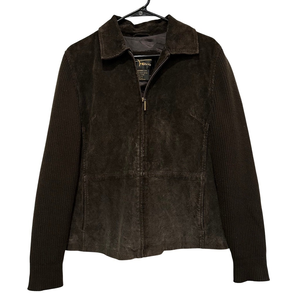 Fabio Womens Large‎ Lined Suede Leather Knit Jacket Brown Full Zip